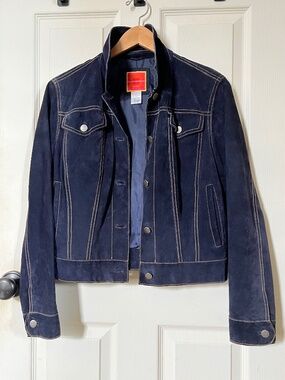 Vintage Y2K Isaac Mizrahi Navy Blue Suede Leather Trucker Jacket - Size M
